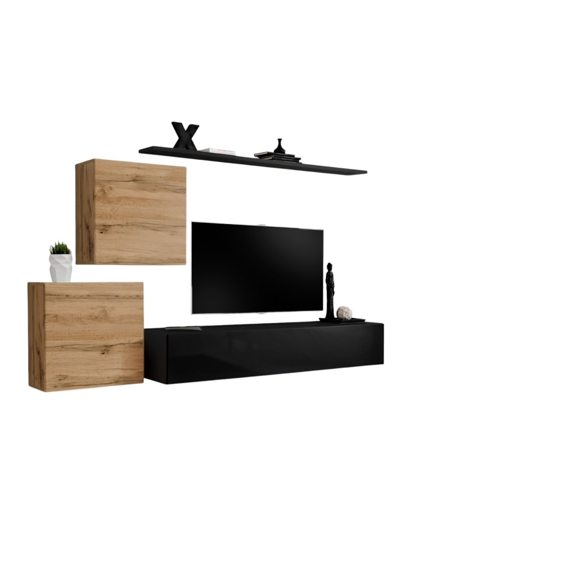 Ensemble meuble salon SWITCH V design, coloris noir brillant et chêne Wotan.