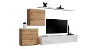 Ensemble meuble salon SWITCH V design, coloris blanc brillant et chêne Wotan.