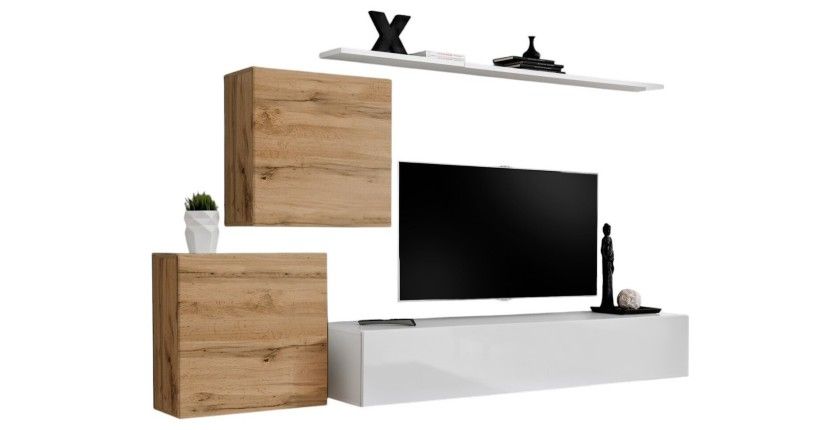 Ensemble meuble salon SWITCH V design, coloris blanc brillant et chêne Wotan.