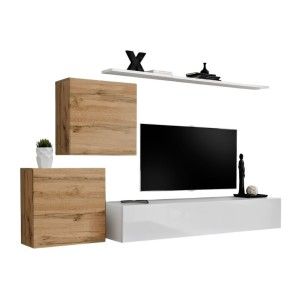 Ensemble meuble salon SWITCH V design, coloris blanc brillant et chêne Wotan.