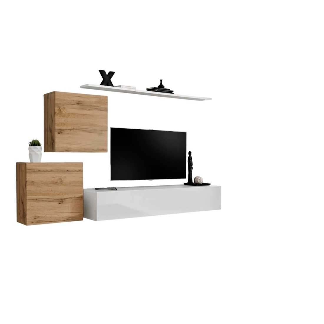 Ensemble meuble salon SWITCH V design, coloris blanc brillant et chêne Wotan.