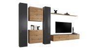 Ensemble meuble salon mural SWITCH VI design, coloris chêne Wotan et gris brillant.