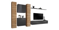 Ensemble meuble salon mural SWITCH VI design, coloris gris brillant et chêne Wotan.