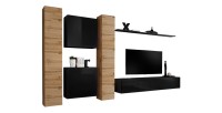 Ensemble meuble salon mural SWITCH VI design, coloris noir brillant et chêne Wotan.