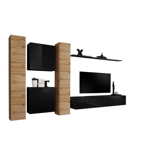 Ensemble meuble salon mural SWITCH VI design, coloris noir brillant et chêne Wotan.