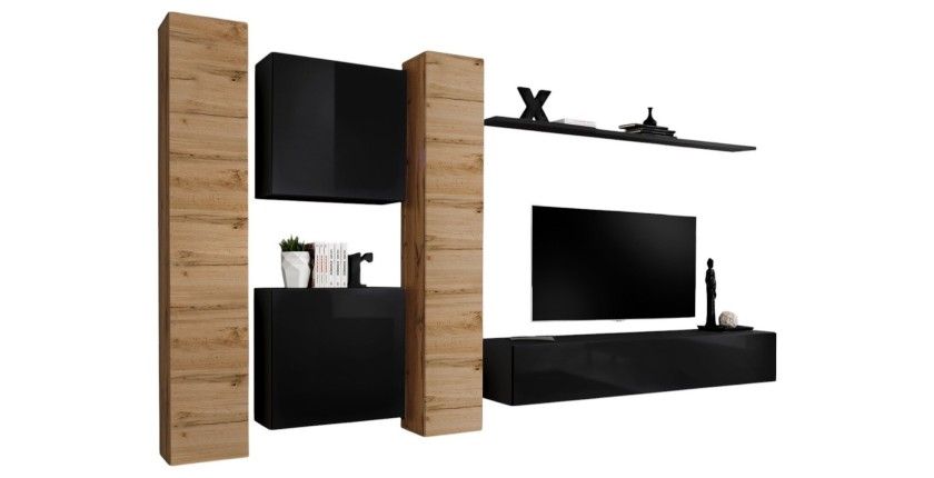 Ensemble meuble salon mural SWITCH VI design, coloris noir brillant et chêne Wotan.