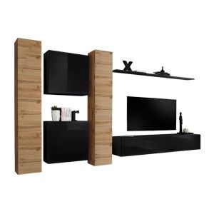 Ensemble meuble salon mural SWITCH VI design, coloris noir brillant et chêne Wotan.