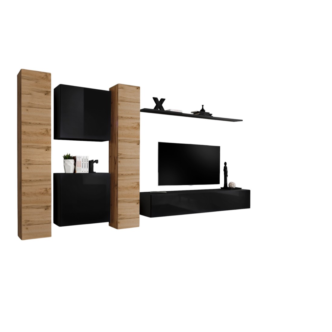 Ensemble meuble salon mural SWITCH VI design, coloris noir brillant et chêne Wotan.