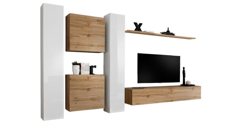 Ensemble meuble salon mural SWITCH VI design, coloris chêne Wotan et blanc brillant.