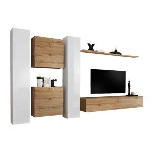Ensemble meuble salon mural SWITCH VI design, coloris chêne Wotan et blanc brillant.