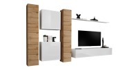 Ensemble meuble salon mural SWITCH VI design, coloris blanc brillant et chêne Wotan.