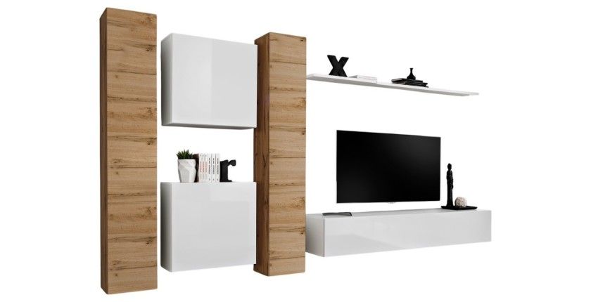 Ensemble meuble salon mural SWITCH VI design, coloris blanc brillant et chêne Wotan.