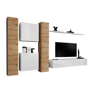 Ensemble meuble salon mural SWITCH VI design, coloris blanc brillant et chêne Wotan.