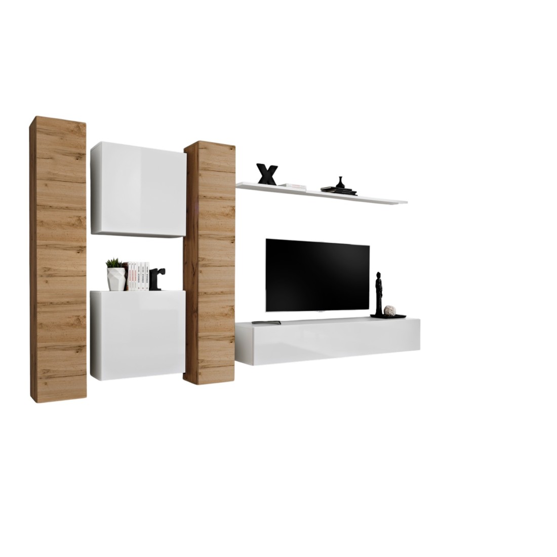 Ensemble meuble salon mural SWITCH VI design, coloris blanc brillant et chêne Wotan.