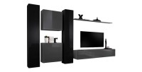 Ensemble meuble salon mural SWITCH VI design, coloris gris et noir brillant.