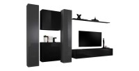 Ensemble meuble salon mural SWITCH VI design, coloris noir et gris brillant.
