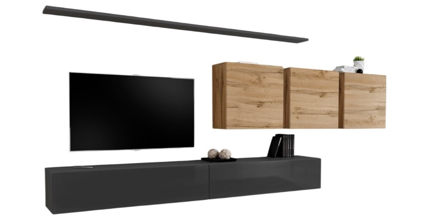 Wohnzimmerwandmöbelset SWITCH VII im Design, Farbe glänzendes Grau und Wotan-Eiche.