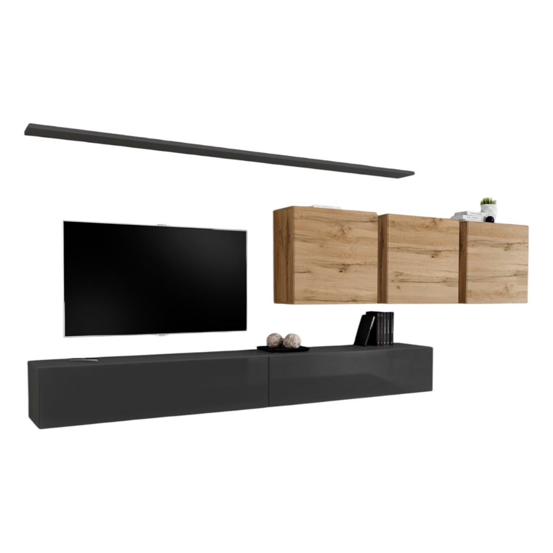 Wohnzimmerwandmöbelset SWITCH VII im Design, Farbe glänzendes Grau und Wotan-Eiche.