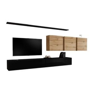 Ensemble meuble salon SWITCH VII design, coloris noir brillant et chêne Wotan.