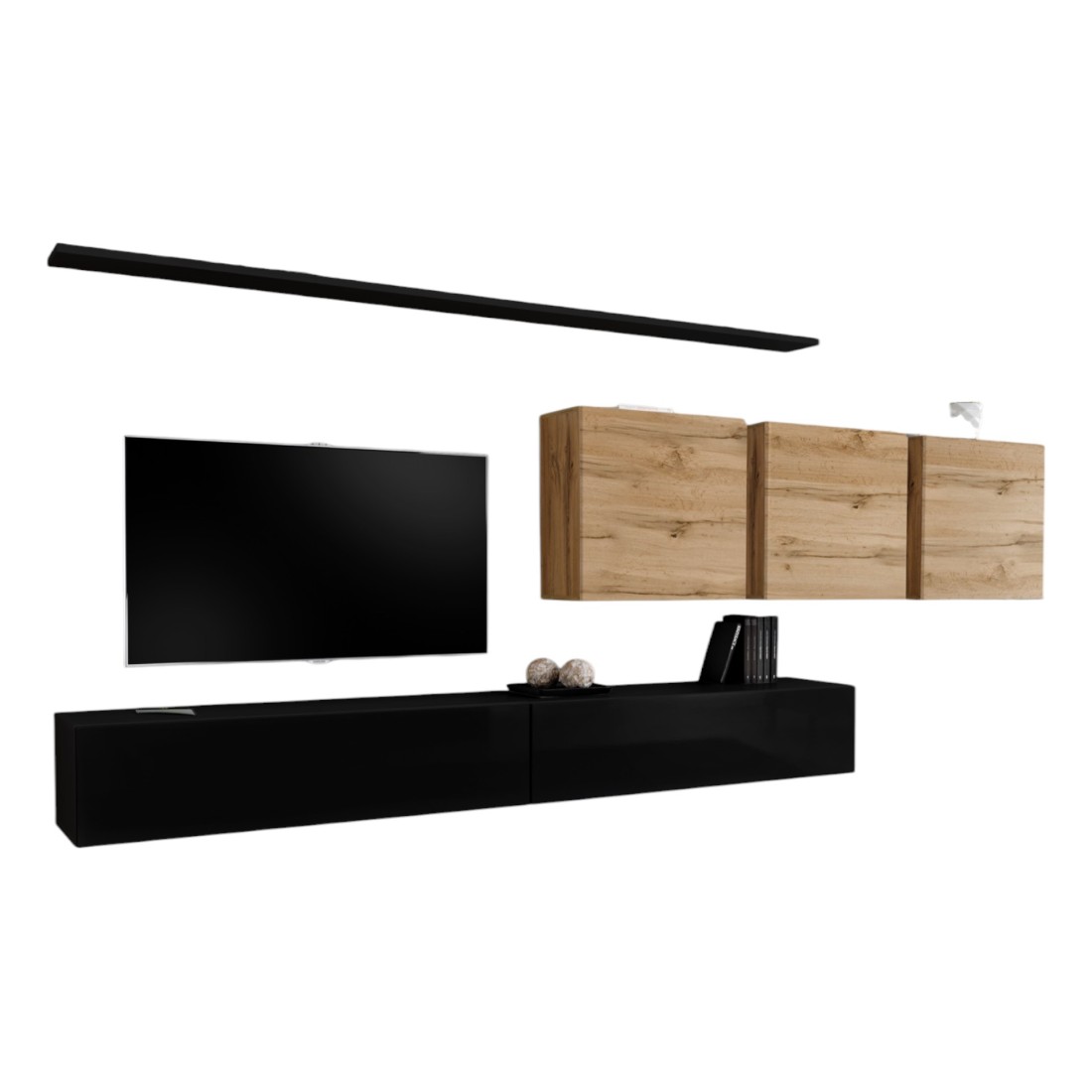 Ensemble meuble salon SWITCH VII design, coloris noir brillant et chêne Wotan.