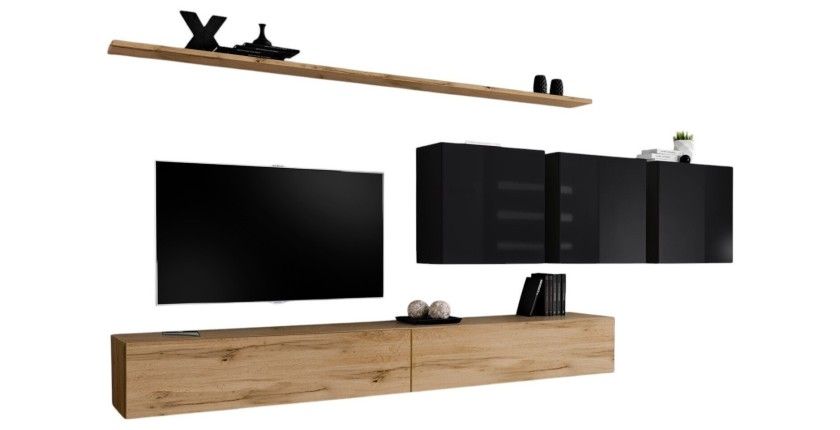 Ensemble meuble salon SWITCH VII design, coloris chêne Wotan et noir brillant.