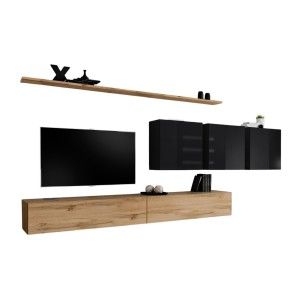 Ensemble meuble salon SWITCH VII design, coloris chêne Wotan et noir brillant.