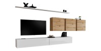 Ensemble meuble salon SWITCH VII design, coloris blanc brillant et chêne Wotan.