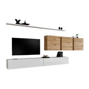 Ensemble meuble salon SWITCH VII design, coloris blanc brillant et chêne Wotan.