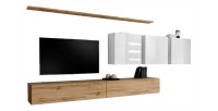 Ensemble meuble salon SWITCH VII design, coloris chêne Wotan et blanc brillant.