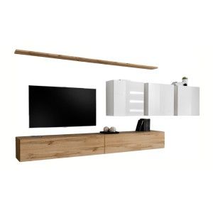 Ensemble meuble salon SWITCH VII design, coloris chêne Wotan et blanc brillant.