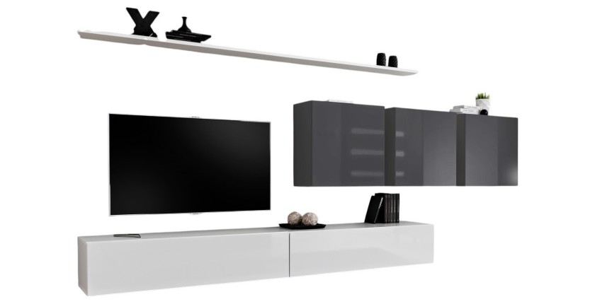 Ensemble meuble salon SWITCH VII design, coloris blanc et gris brillant.