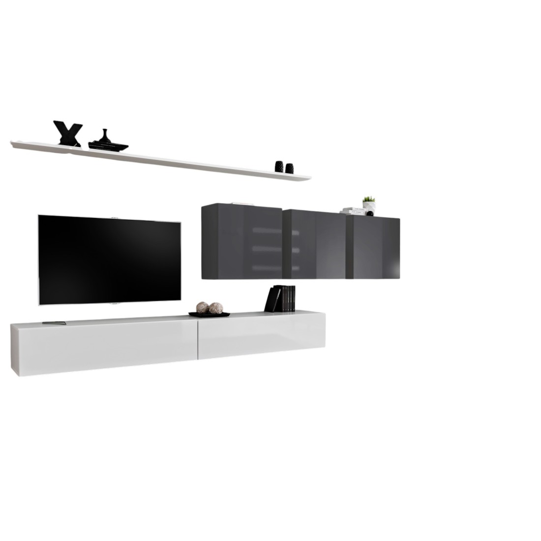 Ensemble meuble salon SWITCH VII design, coloris blanc et gris brillant.
