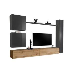 Ensemble de  meuble pour votre salon SWITCH VIII.Meuble TV mural design, coloris chêne Wotan et gris brillant.