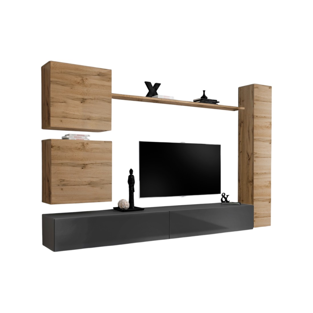 Wohnzimmermöbel-Set, SWITCH VIII. Wand-TV-Möbel im modernen Design, in glänzendem Grau und Wotaneiche.