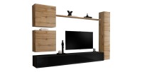 Wohnzimmerwand-Set SWITCH VIII. Designer TV-Wandmöbel, in glänzendem Schwarz und Wotan-Eiche.