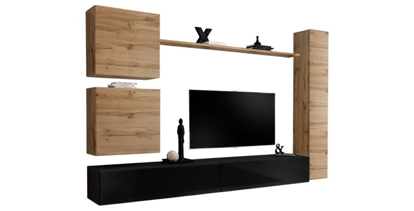Wohnzimmerwand-Set SWITCH VIII. Designer TV-Wandmöbel, in glänzendem Schwarz und Wotan-Eiche.