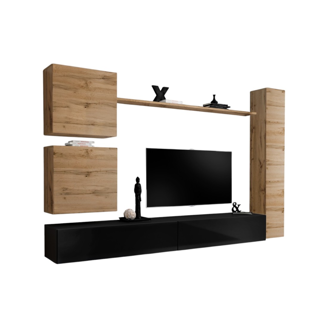 Wohnzimmerwand-Set SWITCH VIII. Designer TV-Wandmöbel, in glänzendem Schwarz und Wotan-Eiche.