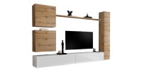 Wandmeubelset voor woonkamer SWITCH VIII. Design tv-meubel aan de muur, in glanzend wit en Wotan eiken kleur.