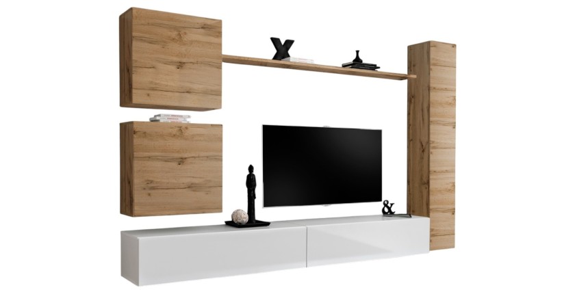 Wandmeubelset voor woonkamer SWITCH VIII. Design tv-meubel aan de muur, in glanzend wit en Wotan eiken kleur.
