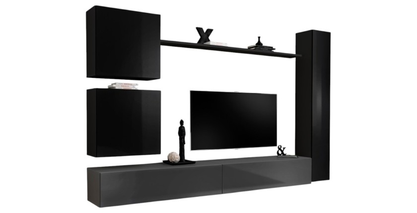 Ensemble meuble salon mural SWITCH VIII design, coloris gris et noir brillant.