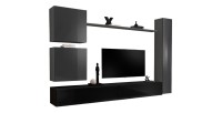Ensemble de meuble pour salon mural SWITCH VIII. Meuble TV mural design, coloris noir et gris brillant.