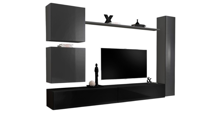 Ensemble de meuble pour salon mural SWITCH VIII. Meuble TV mural design, coloris noir et gris brillant.