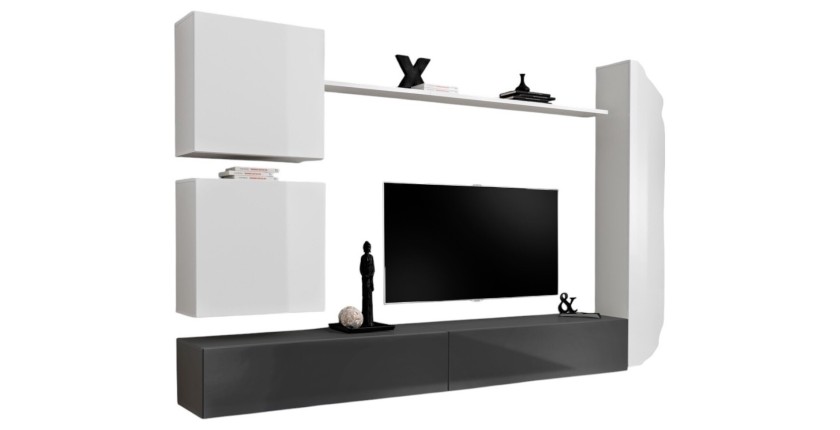Ensemble meuble salon mural SWITCH VIII. Meuble TV mural design, coloris blanc et gris brillant.