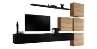 Ensemble meuble salon mural SWITCH IX design, coloris noir brillant et chêne Wotan.
