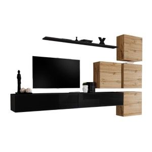 Ensemble meuble salon mural SWITCH IX design, coloris noir brillant et chêne Wotan.