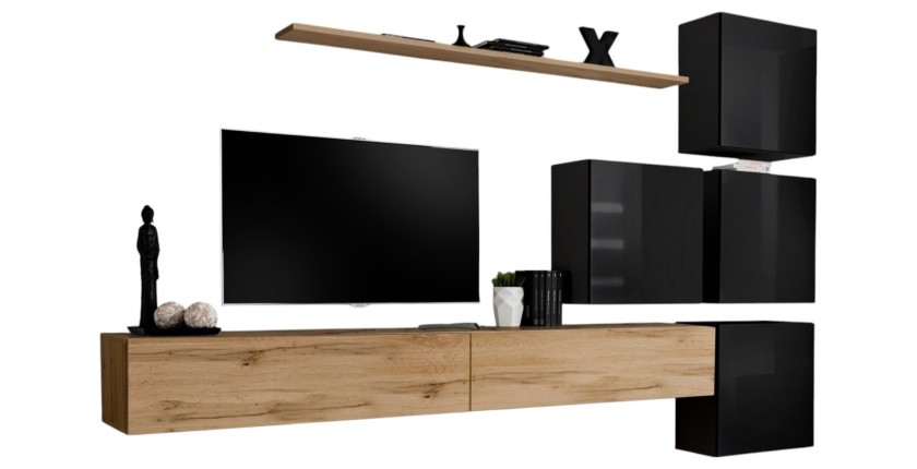 Ensemble meuble salon mural SWITCH IX design, coloris chêne Wotan et noir brillant.