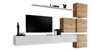 Ensemble meuble salon mural SWITCH IX design, coloris blanc brillant et chêne Wotan.
