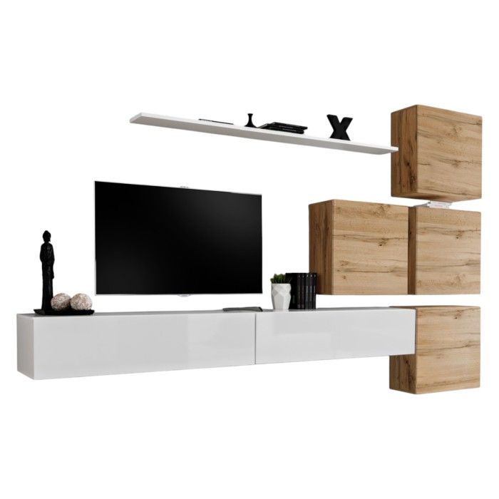 Ensemble meuble salon mural SWITCH IX design, coloris blanc brillant et chêne Wotan.