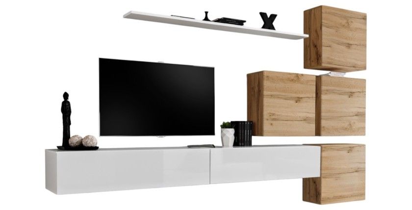 Ensemble meuble salon mural SWITCH IX design, coloris blanc brillant et chêne Wotan.