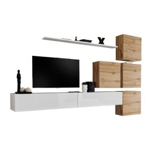 Ensemble meuble salon mural SWITCH IX design, coloris blanc brillant et chêne Wotan.
